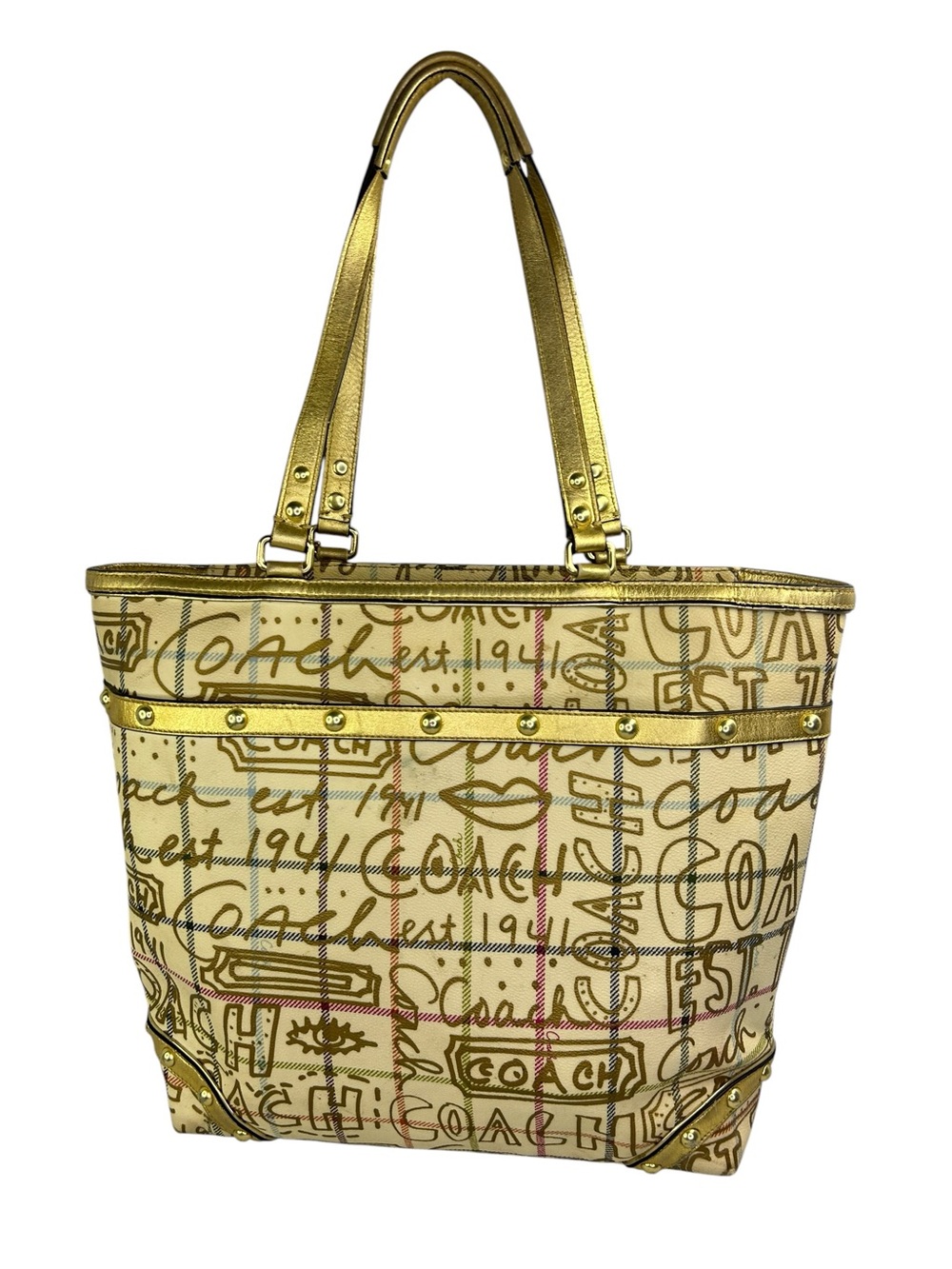 Coach Heritage Limited Edition Gold Graffiti Tattersall Tote F13188 16” x 13” XL
